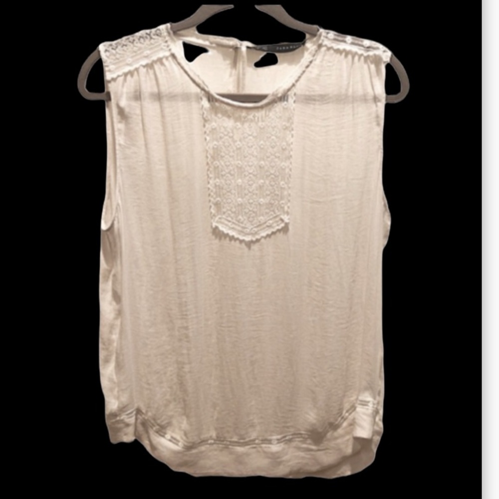 Zara BOHO cream lace trim sleeveless blouse size large